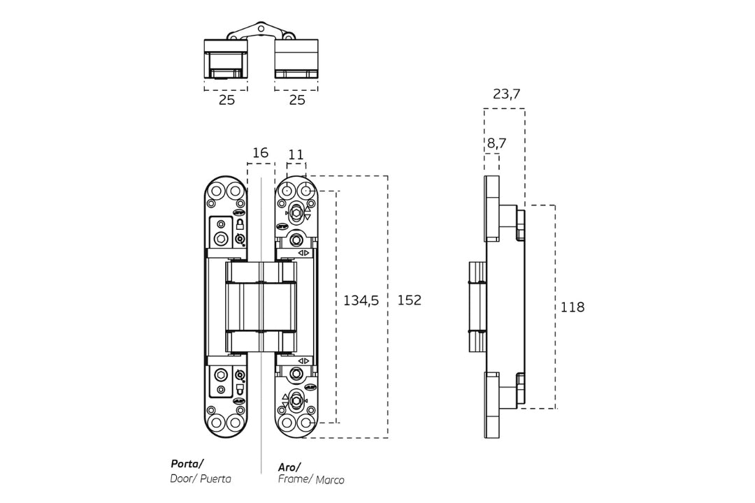 Spec image with measurements of the IN.05.061.B Coplan Hinge.