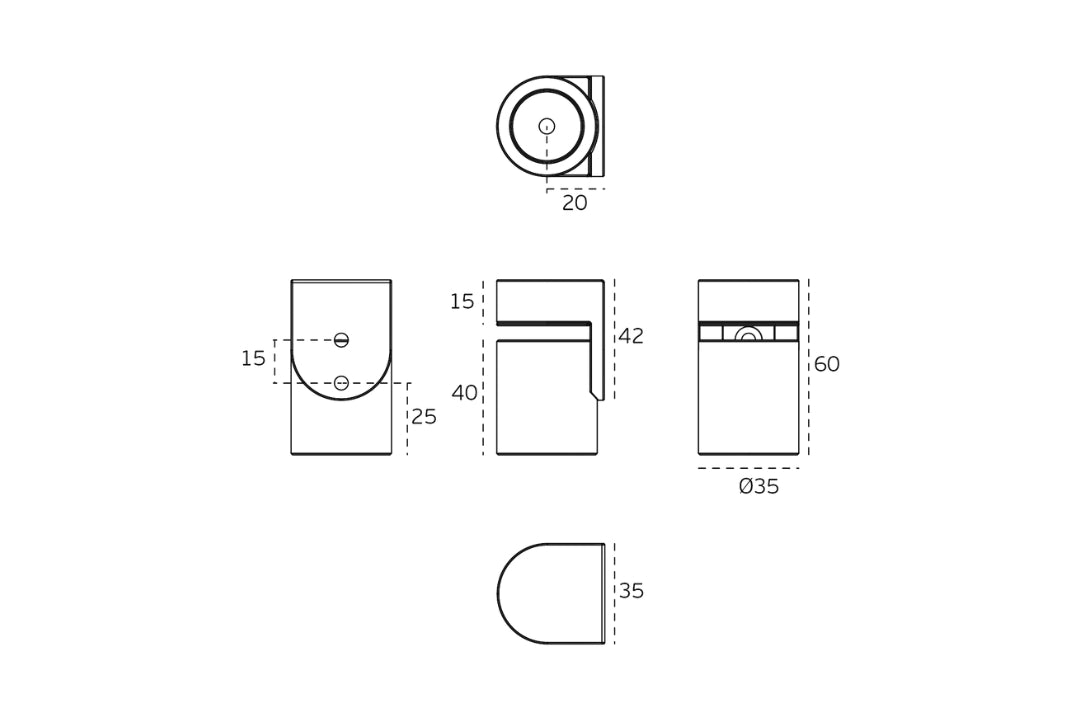 Black specification line drawing with measurements of the Heavy Duty Magnetic Door Stop on a white background.