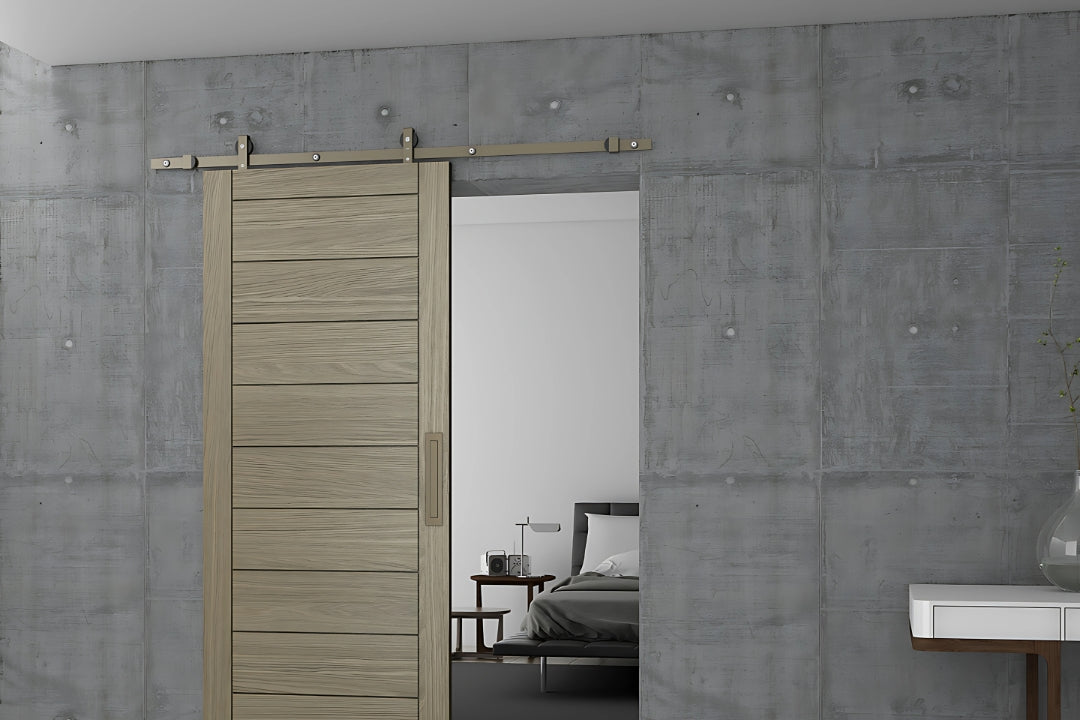 The JNF Bronze Charriot Barn Door Sliding Kit 1700mm installed on a brown door.