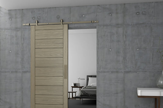 The JNF Bronze Charriot Barn Door Sliding Kit 1700mm installed on a brown door.