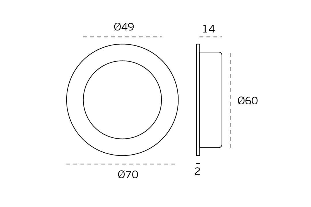 Black specification line drawing of the Matt Black Flush Pull 70mm by Architectural Choice on a white background.