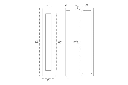 Black specification drawing of the Matt Black Flush Pull 300mm by Architectural Choice on a white background.