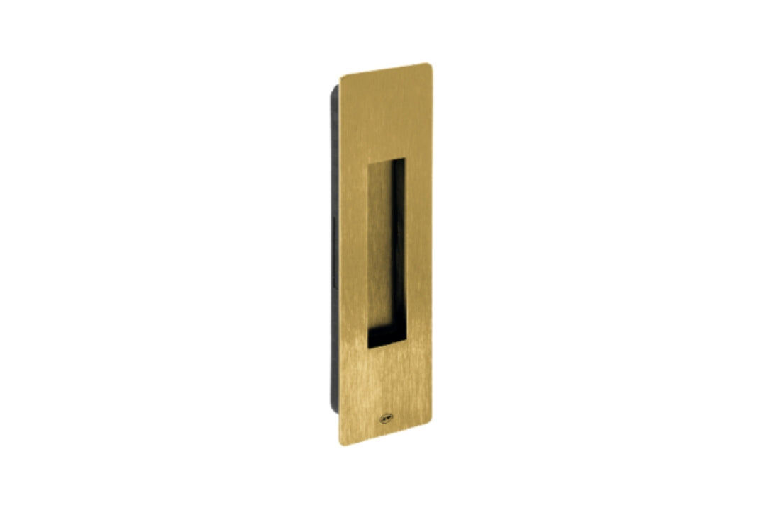Product picture of the Satin Brass Rectangle Flush Pull 210mm on a white background.