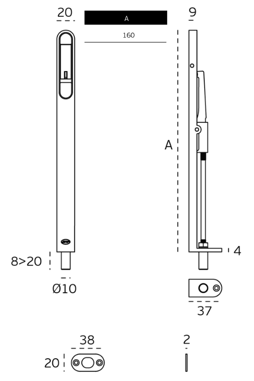 Black specification line drawing of the Heavy Duty 160mm Matt Black Flush Bolt by Architectural Choice on a white background.