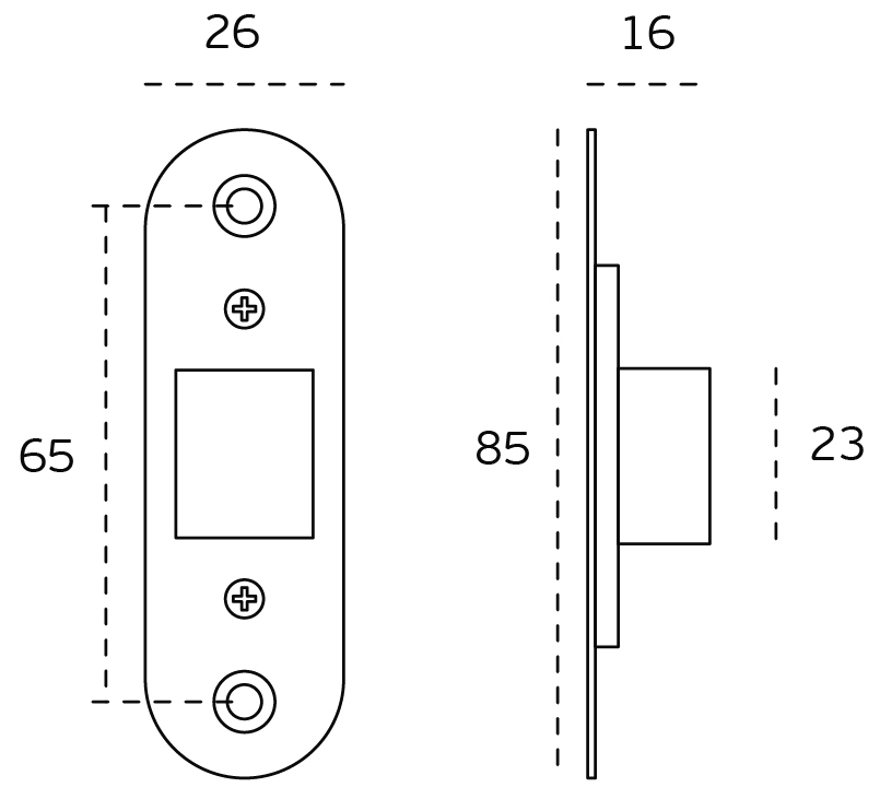 Black specification drawing of the Satin Brass privacy bolt keeper on a white background.
