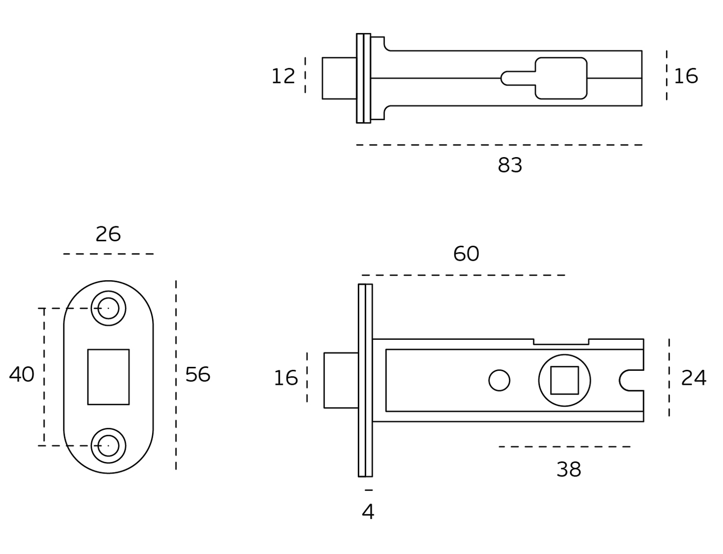 Black specification line drawing of the Matt Black Privacy Bolt by Architectural Choice on a white background.