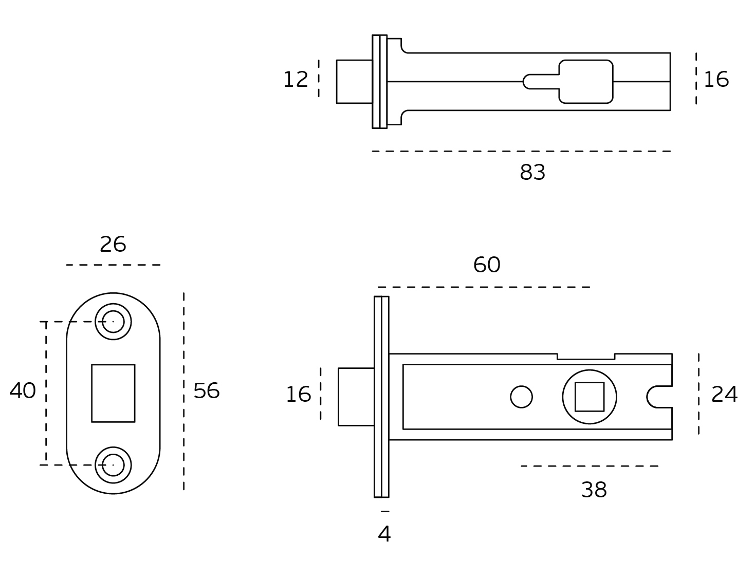 Black specification line drawing of the Matt Black Privacy Bolt by Architectural Choice on a white background.