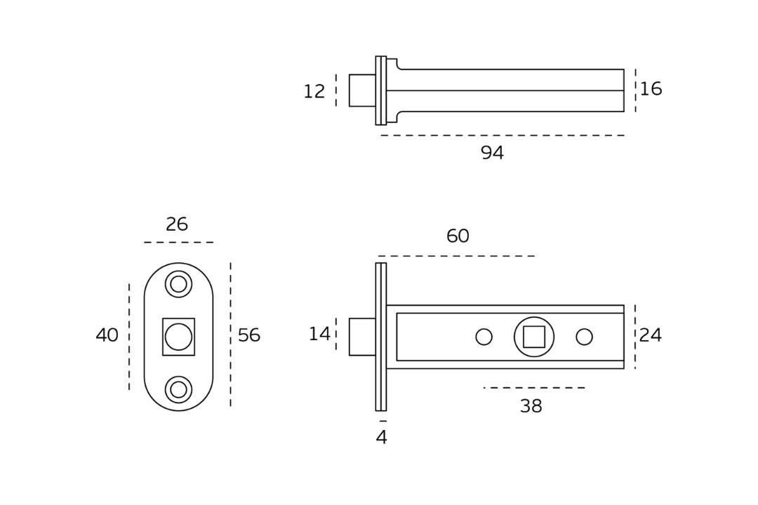 Black architectural line drawing with measurements of the IN.20.153.TCO Magnetic latch on a white background.