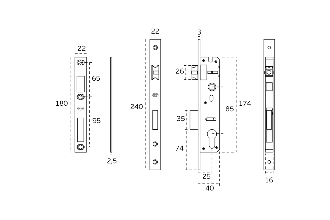 Black and white specification drawing with measurements of the JNF Narrow Backset Euro Mortise Lock Stainless Steel 25mm IN.20.400.25.