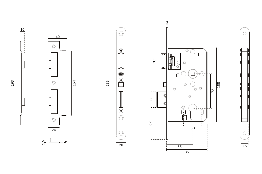 Specification drawing of the JNF Anti Panic DIN 55mm BS Euro Mortice Lock IN.20.789.