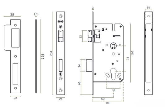 Black line drawing with measurements of the Satin Stainless Steel Euro Mortice Lock IN.20.895 on a white background.