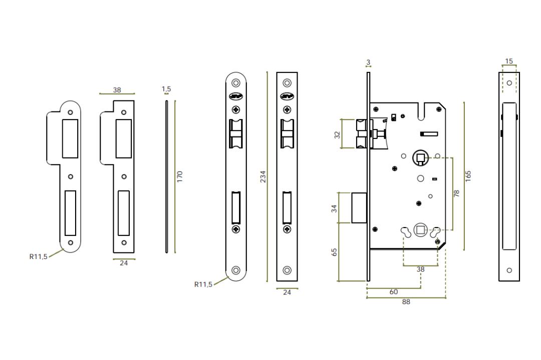 Black and white specification drawing with measurements of the JNF Titanium Chocolate PVD Privacy Mortice Lock 78mm IN.20.896.TCH.