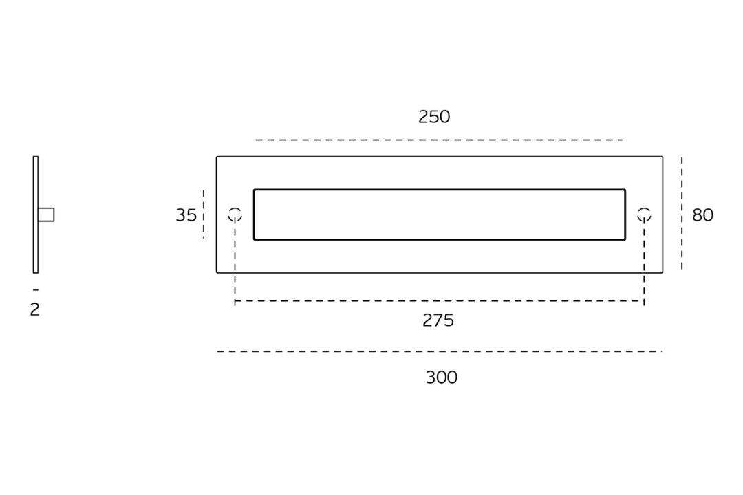 Black specification drawing of the Titanium Copper Letter Plate 300mm x 80mm by Architectural Choice on a white background.