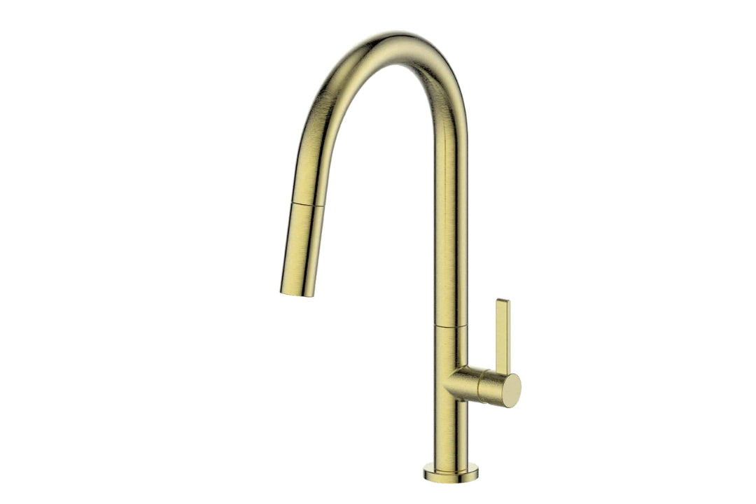 Luxe Pull-Down Sink Mixer in Brushed Brass – minimalist kitchen tap for architectural interiors