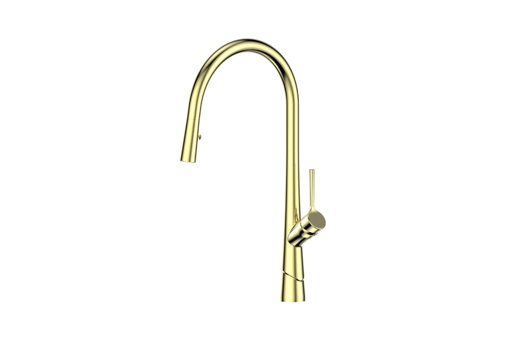 Lustro II Pull-Down Sink Mixer in Brushed Brass – luxury brass kitchen mixer tap for architects