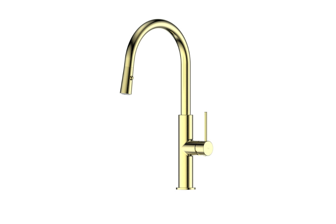 Maci Pull-Down Sink Mixer in Brushed Brass – minimalist brass kitchen mixer for architectural interiors