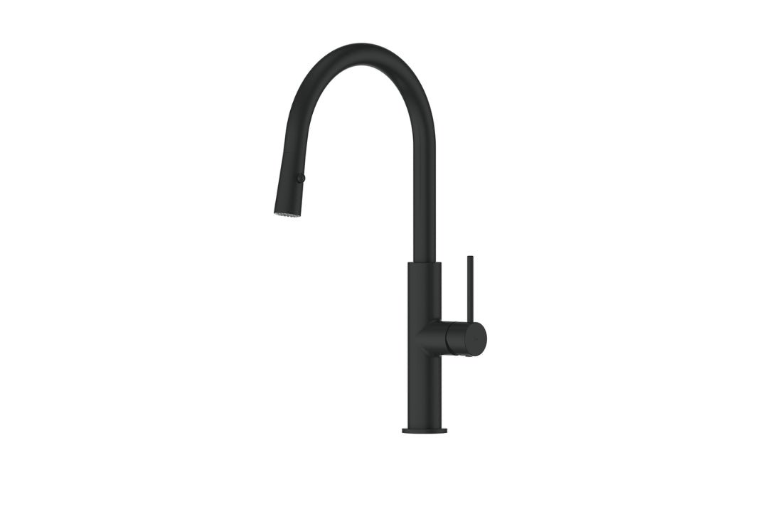 Maci Pull-Down Sink Mixer in Matt Black – modern black pull-down kitchen tap for minimalist interiors