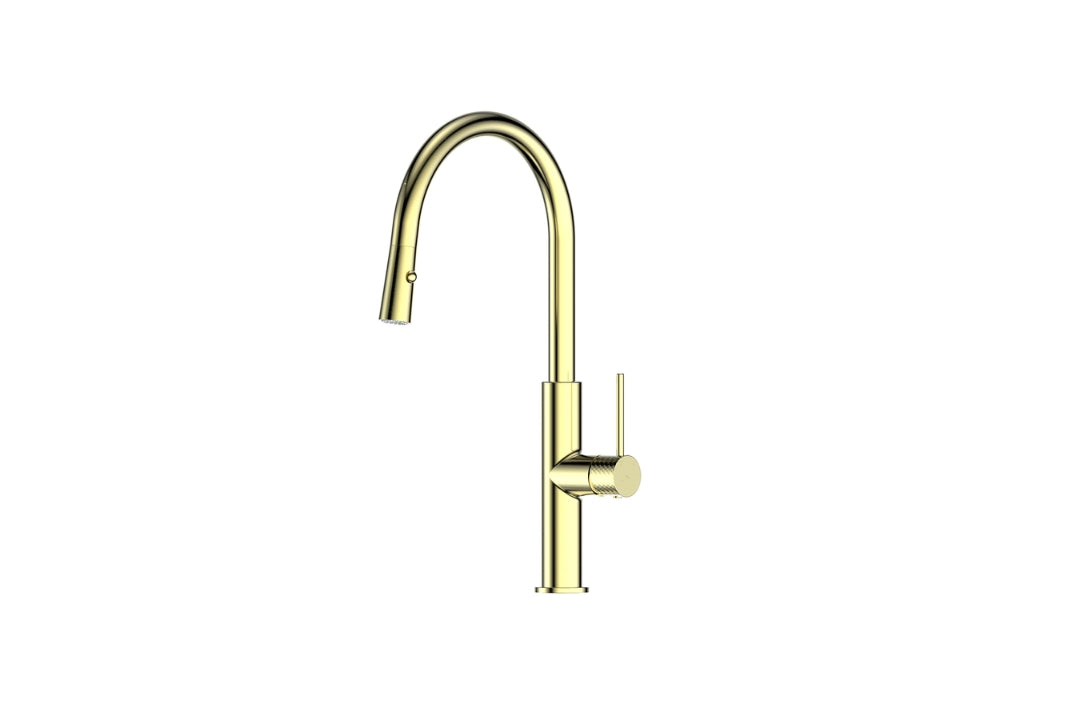 Mika Pull-Down Sink Mixer in Brushed Brass – textured brass kitchen mixer tap for architectural kitchens