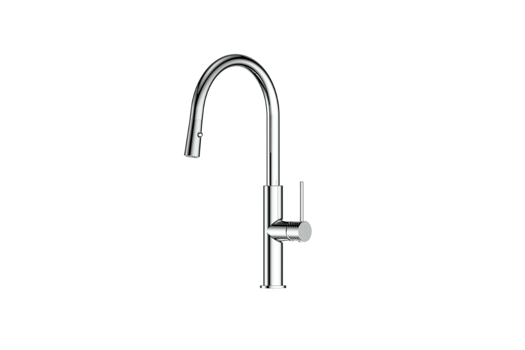 Mika Pull-Down Sink Mixer in Chrome Plate – chrome kitchen tap with textured handle for contemporary renovations