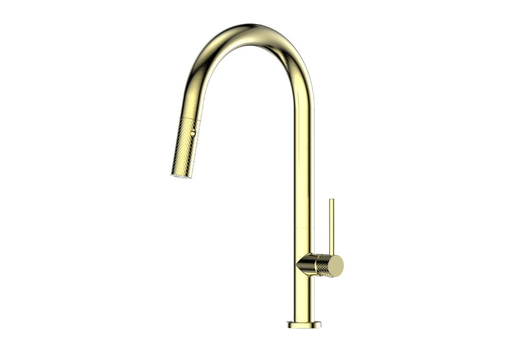 Tesora Pull-Down Sink Mixer in Brushed Brass – luxury brushed brass kitchen mixer for architectural kitchens