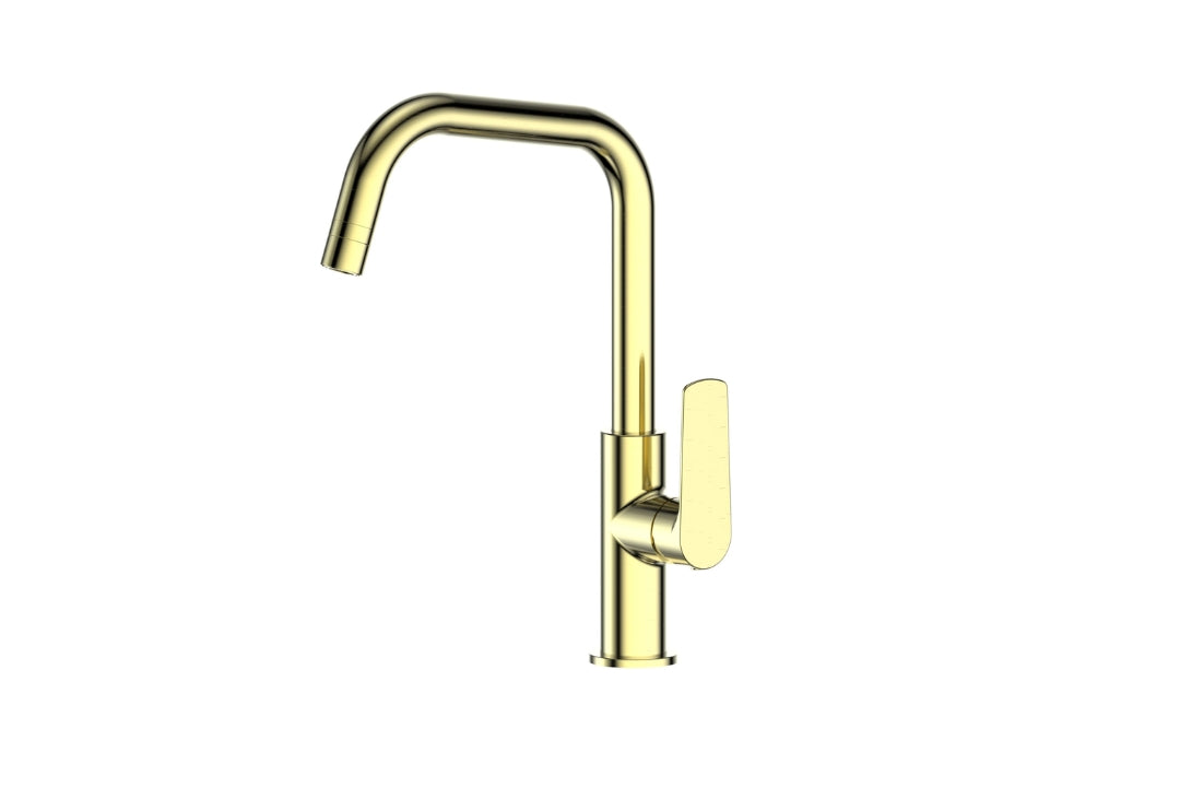 Novi Gooseneck Sink Mixer in Brushed Brass – modern gooseneck kitchen tap with Smart Aerator