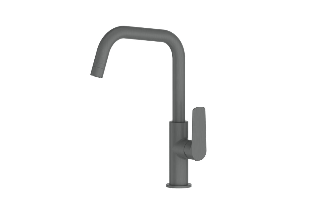 Novi Gooseneck Sink Mixer in Gunmetal – architect-designed sink tap with water-saving aerator