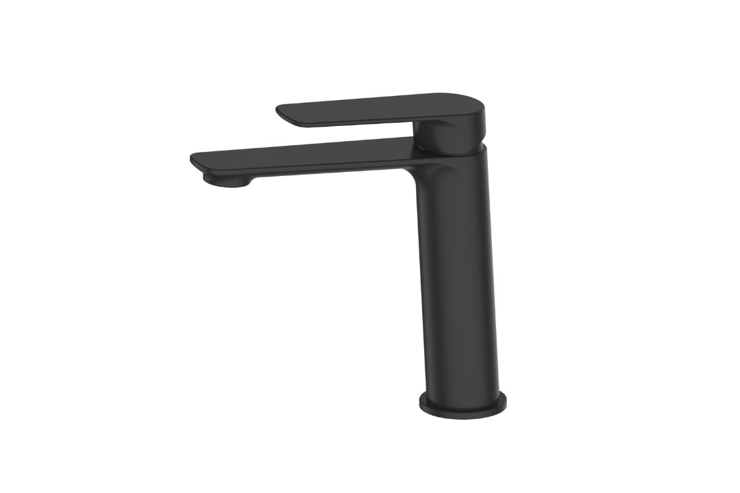 Novi Mid Basin Mixer in Matt Black – modern black basin tap for minimalist architectural bathrooms