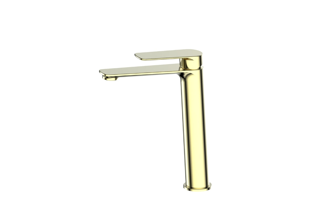 Novi Tall Basin Mixer in Brushed Brass – luxury brushed brass tapware for architectural bathrooms