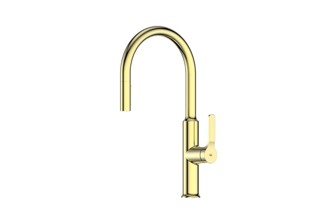 Product picture of the Brushed Brass Craft Pulldown Kitchen Mixer with Prep Spout.