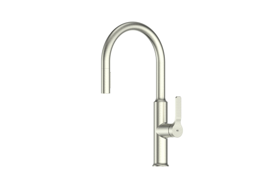 Product picture of the Brushed Nickel Craft Pulldown Kitchen Mixer with Prep Spout.