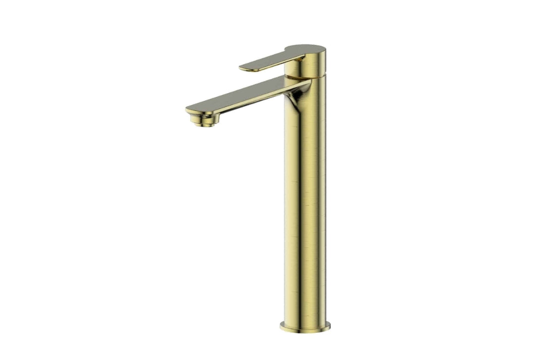 Astro II Tower Basin Mixer in Brushed Brass – brushed brass tall basin mixer for modern architectural bathrooms
