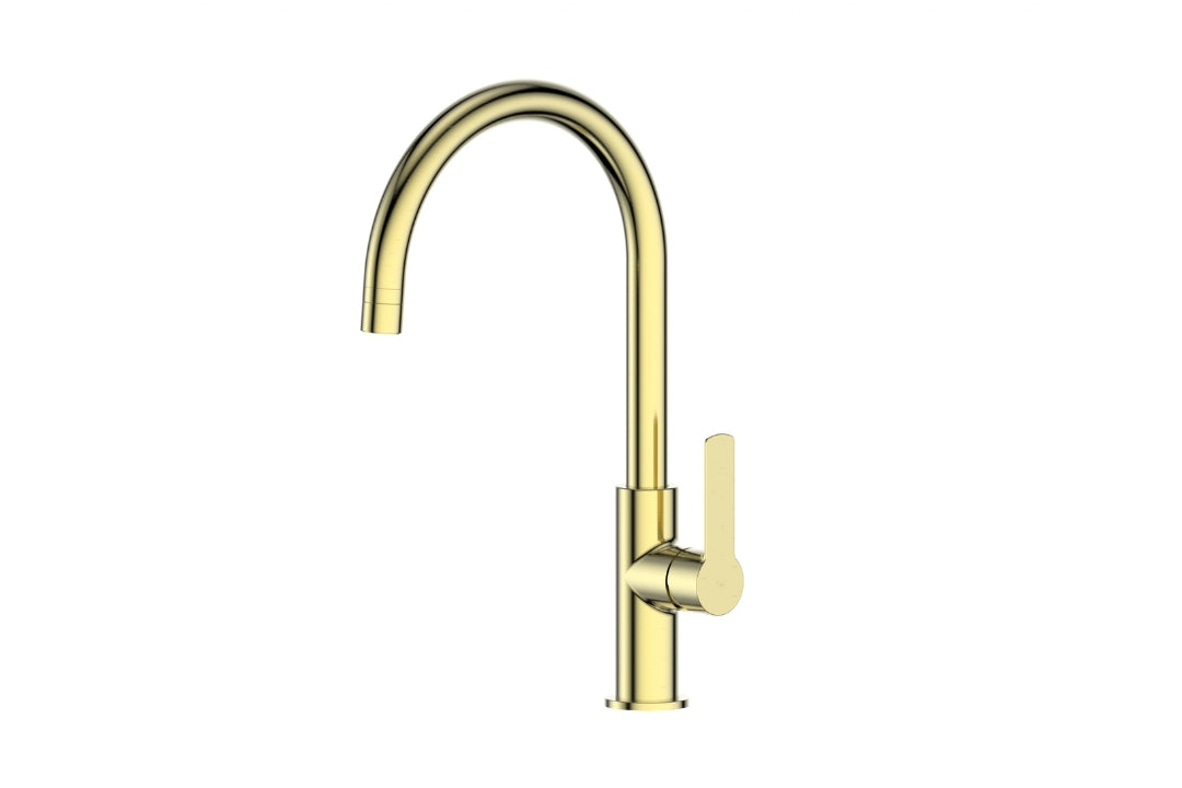 Astro II Gooseneck Sink Mixer in Brushed Brass – brushed brass kitchen mixer tap for architectural kitchens