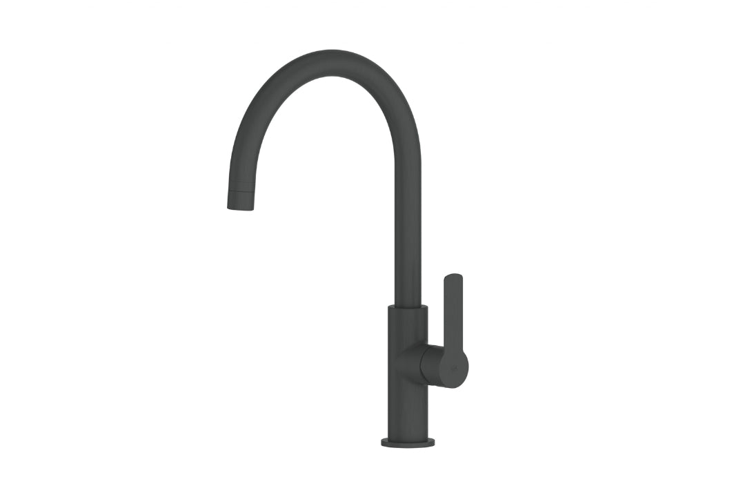 Astro II Gooseneck Sink Mixer in Gunmetal – gunmetal gooseneck kitchen tap for high-end architectural design
