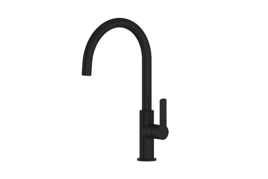 Astro II Gooseneck Sink Mixer in Matt Black – black gooseneck mixer tap with dual spray for modern kitchens