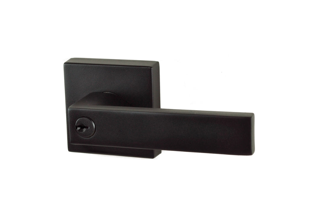 Product image of the Matt Black Nidus Lonsdale Lever on Square Rose Entrance Set on a white background.