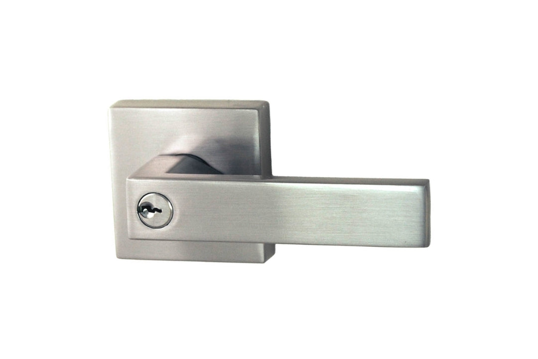 Product image of the Brushed Nickel Nidus Lonsdale Lever on Square Rose Entrance Set on a white background.