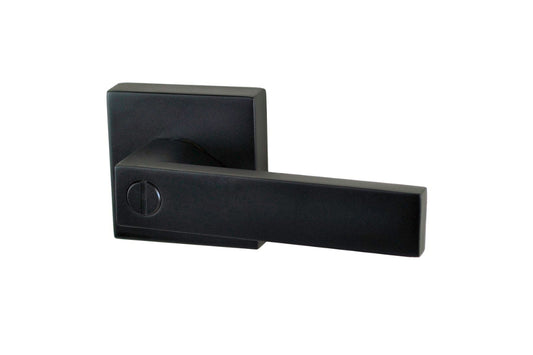 Product picture of the Matt Black Nidus Lonsdale Square Door Handle Privacy Set on a white background.