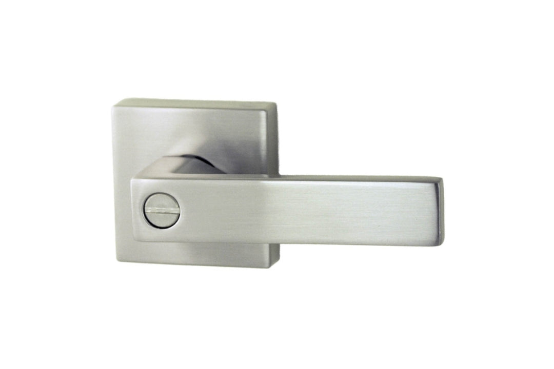 Product picture of the Brushed Nickel Nidus Lonsdale Square Door Handle Privacy Set on a white background.