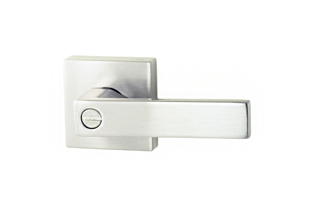 Product picture of the Chrome Plate Nidus Lonsdale Square Door Handle Privacy Set on a white background.