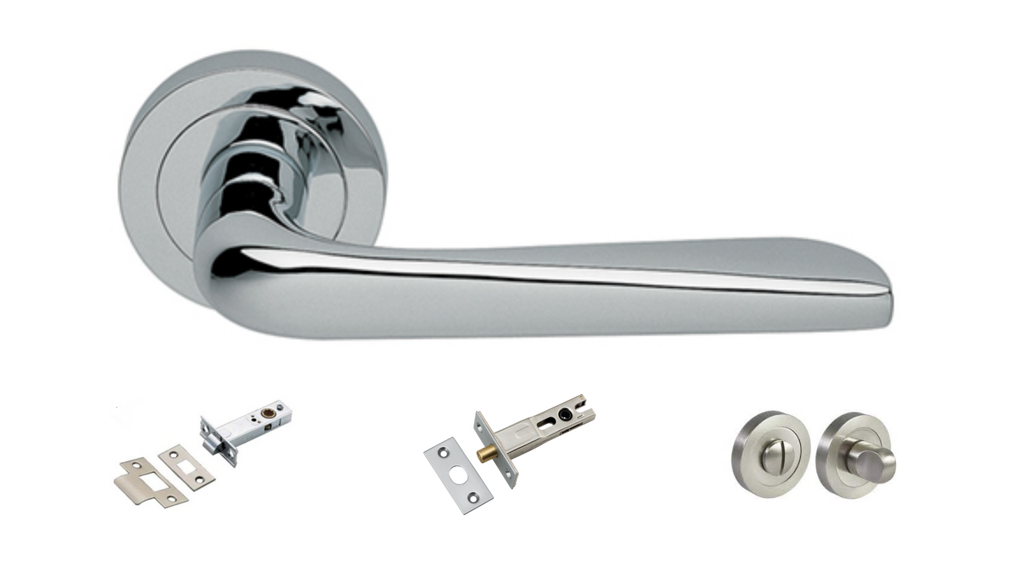 Product picture of the Petra Polished Chrome Door Handle with accessories tubular latch, privacy turn and release, and a privacy bolt on a white background.