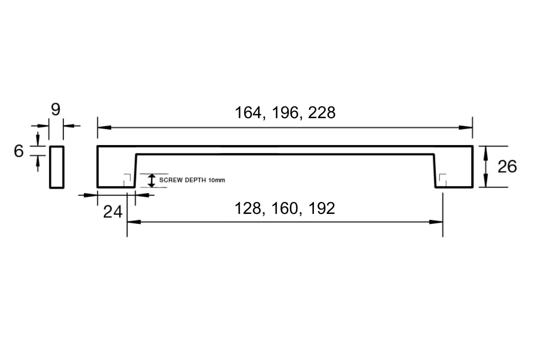 Kethy Binda Cabinet Handle specification drawing – Modern pull handle for kitchen and bathroom cabinetry.