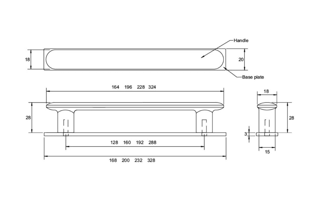 Yarra Handle on Backplate – modern cabinet handle by Kethy for kitchens, wardrobes, and bathroom joinery specification with measurements.