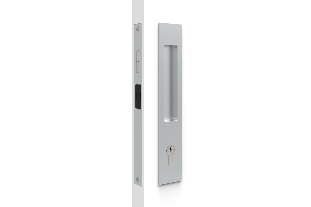 Product image of the SC8104/SET Satin Chrome Mardeco Flush Pull Euro Lockset on a white background.