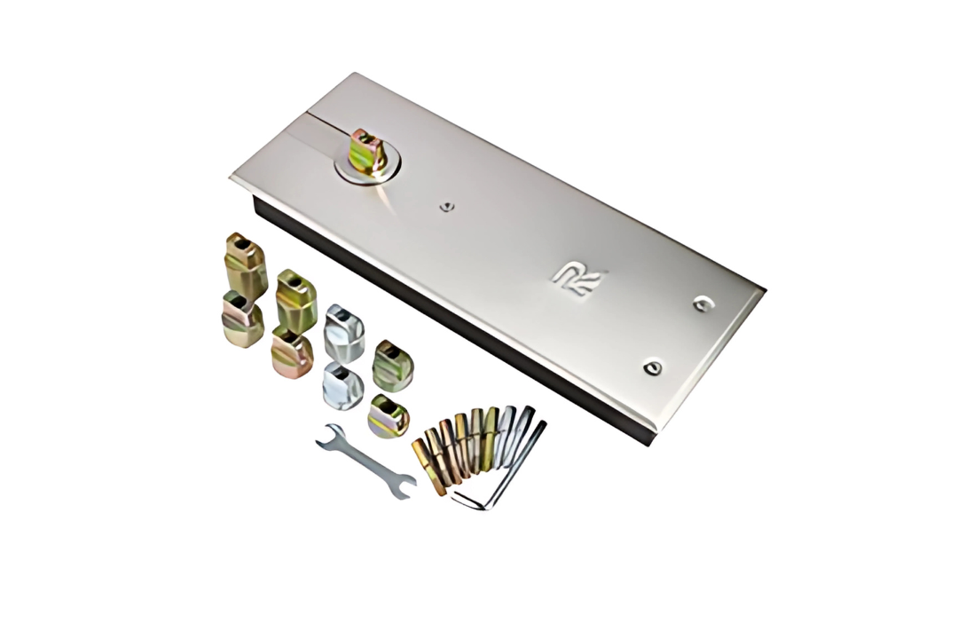 The The Zanda TS7004 EN-4 Floor Spring Hold Open Double Action Stainless Steel on a white background.