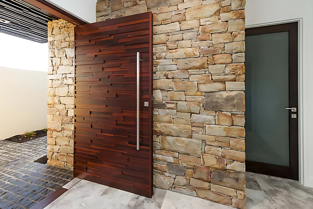 The The Zanda TS7004 EN-4 Floor Spring Hold Open Double Action Stainless Steel installed on a wooden door with brickwork surrounding.