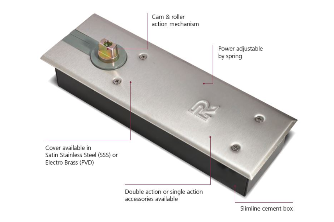 Product picture with written information of features on the Zanda TS7306 Hold Open Double Action Floor Spring on a white background.