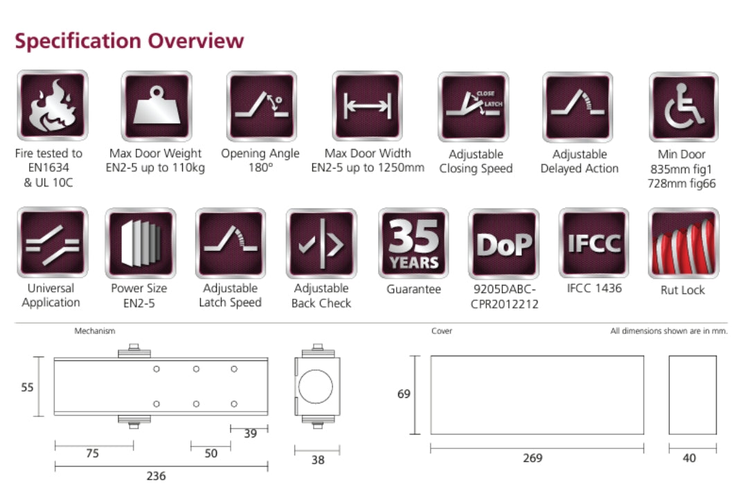 Specification drawing and features list for the TS.9205.SRFB door closers.