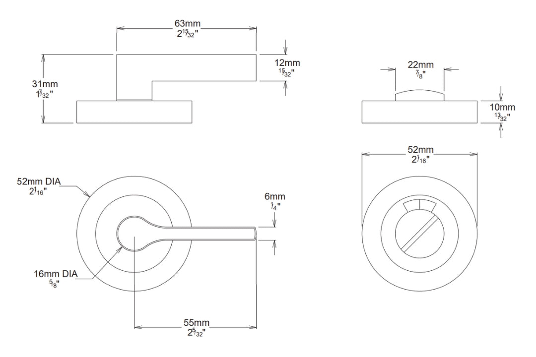 Iver Accessibility Privacy Turn specification drawing – Premium brass privacy indicator for accessible bathrooms.