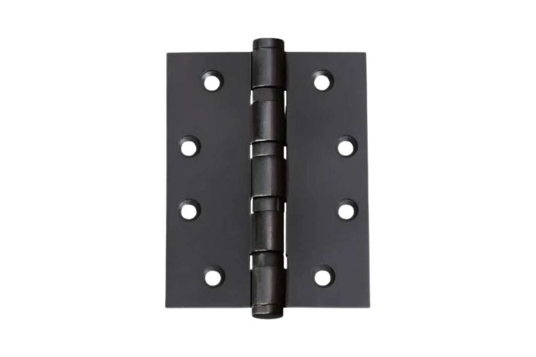 Black metal hinge on a white background