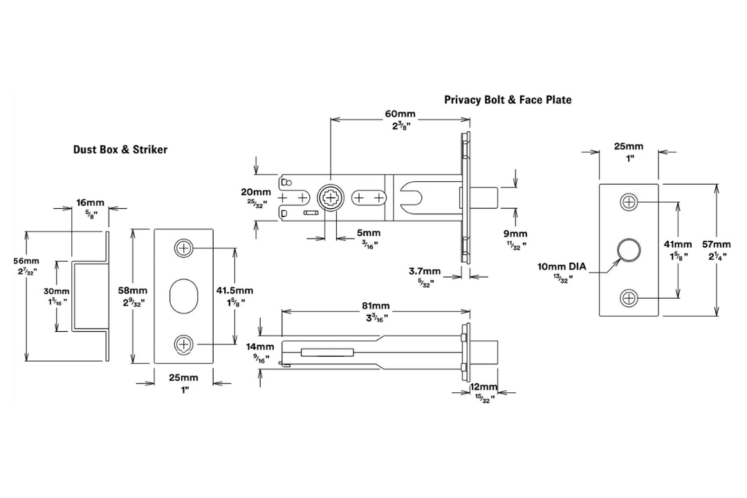 Iver Privacy Bolt 60mm specification drawing – Premium privacy bolt for luxury interior doors.